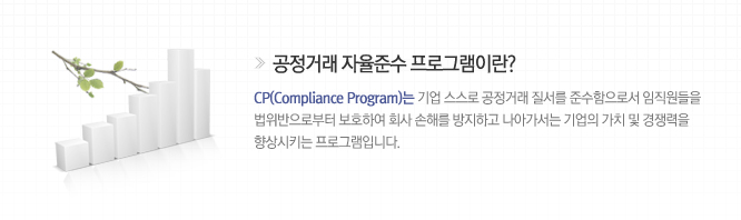 공정거래 자율준수 프로그램이란? CP(Compliance Program)는 기업 스스로 공정거래 질서를 준수함으로서 임직원들을 법위반으로부터 보호하여 회사 손해를 방지하고 나아가서는 기업의 가치 및 경쟁력을 향상시키는 프로그램입니다.