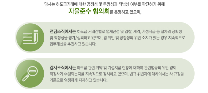 당사는 하도급거래에 대한 공정성 및 투명성과 적법성 여부를 판단하기 위해 자율준수 협의회를 운영하고 있으며,
																																	전담조직에서는 하도급 거래건별로 업체선정 및 입찰, 계약, 기성지급 등 절차의 정확성 및 적정성을 평가/심의하고 있으며, 법 위반 및 공정성의 위반 소지가 있는 경우
																																	지속적으로 업무개선을 추진하고 있습니다.
																																	감시조직에서는 하도급 관련 계약 및 기성지급 현황에 대하여 관련법규의 위반 없이 적정하게 수행되는지를 지속적으로 감시하고 있으며, 법규 위반자에 대하여서는 사
																																	규정 기준으로 엄정하게 자제하고 있습니다.